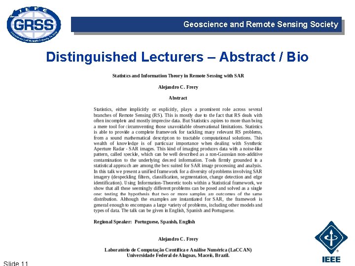 Geoscience and Remote Sensing Society Distinguished Lecturers – Abstract / Bio 