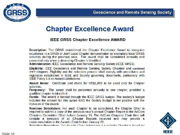 Geoscience and Remote Sensing Society Chapter Excellence Award 
