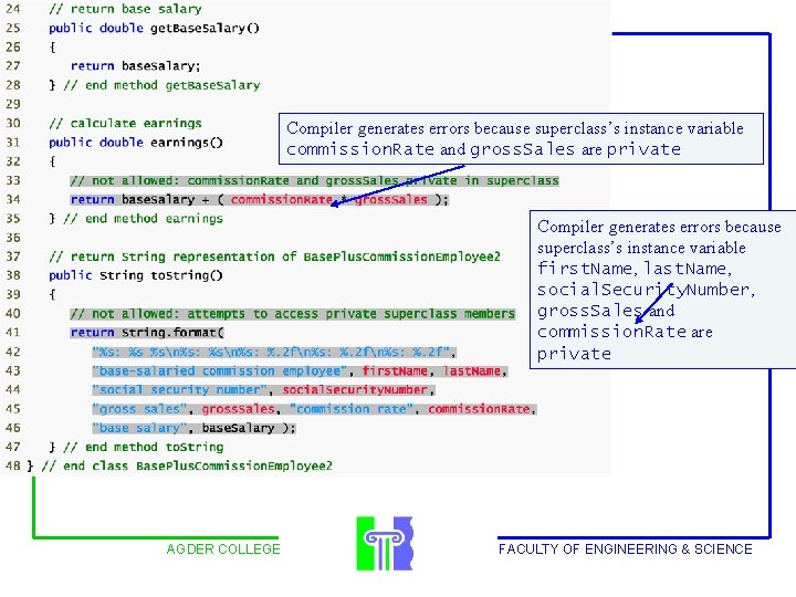 Outline Compiler generates errors because superclass’s instance variable commission. Rate and gross. Sales are