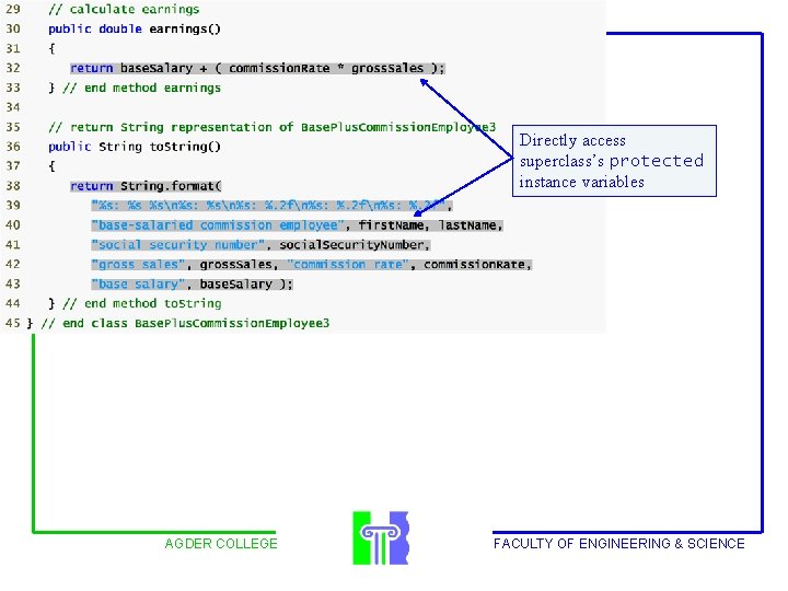 Outline Directly access superclass’s protected instance variables AGDER COLLEGE FACULTY OF ENGINEERING & SCIENCE
