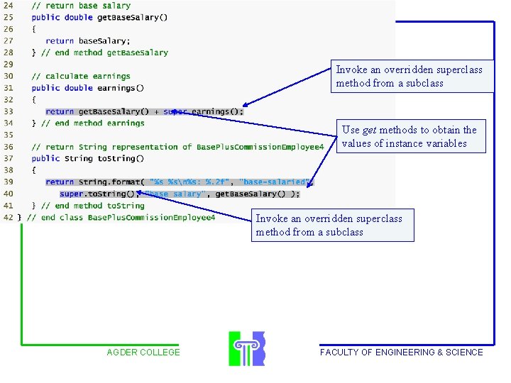 Outline Invoke an overridden superclass method from a subclass Use get methods to obtain
