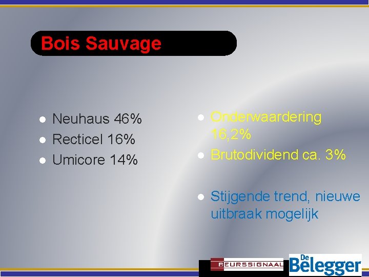 Bois Sauvage l l l Neuhaus 46% Recticel 16% Umicore 14% l l l