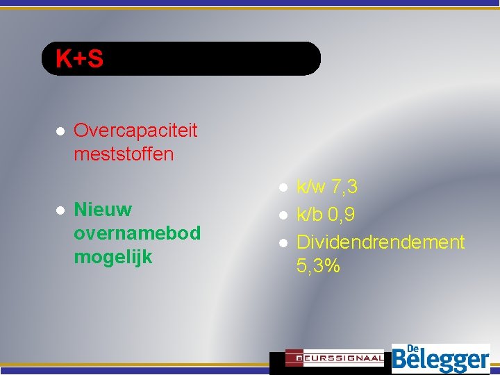 K+S l Overcapaciteit meststoffen l l Nieuw overnamebod mogelijk l l k/w 7, 3