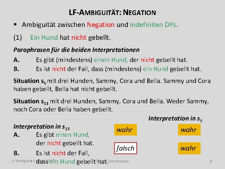 LF-AMBIGUITÄT: NEGATION § Ambiguität zwischen Negation und indefiniten DPs. (1) Ein Hund hat nicht