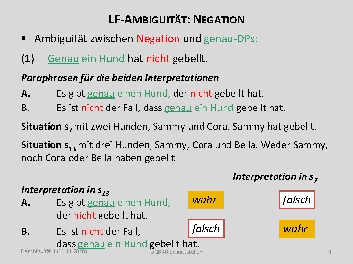 LF-AMBIGUITÄT: NEGATION § Ambiguität zwischen Negation und genau-DPs: (1) Genau ein Hund hat nicht