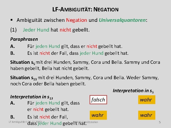 LF-AMBIGUITÄT: NEGATION § Ambiguität zwischen Negation und Universalquantoren: (1) Jeder Hund hat nicht gebellt.