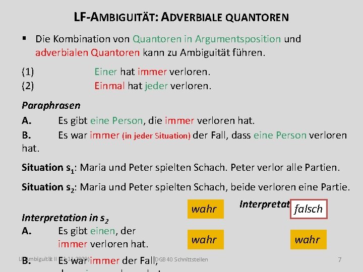 LF-AMBIGUITÄT: ADVERBIALE QUANTOREN § Die Kombination von Quantoren in Argumentsposition und adverbialen Quantoren kann