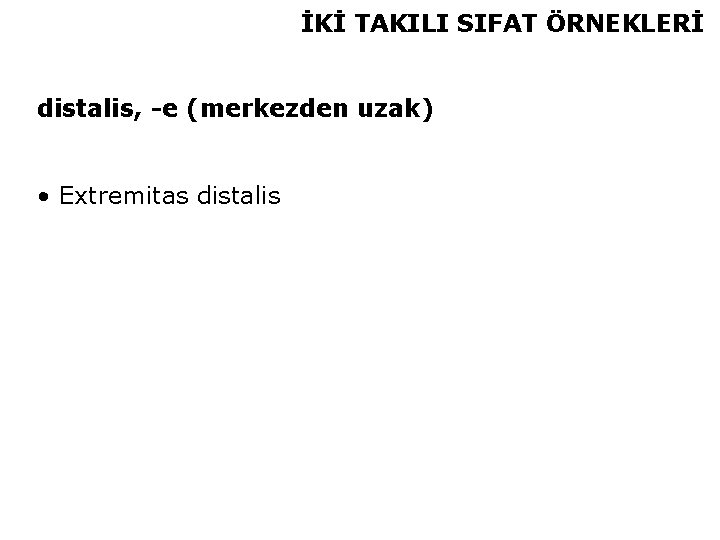 İKİ TAKILI SIFAT ÖRNEKLERİ distalis, -e (merkezden uzak) • Extremitas distalis 