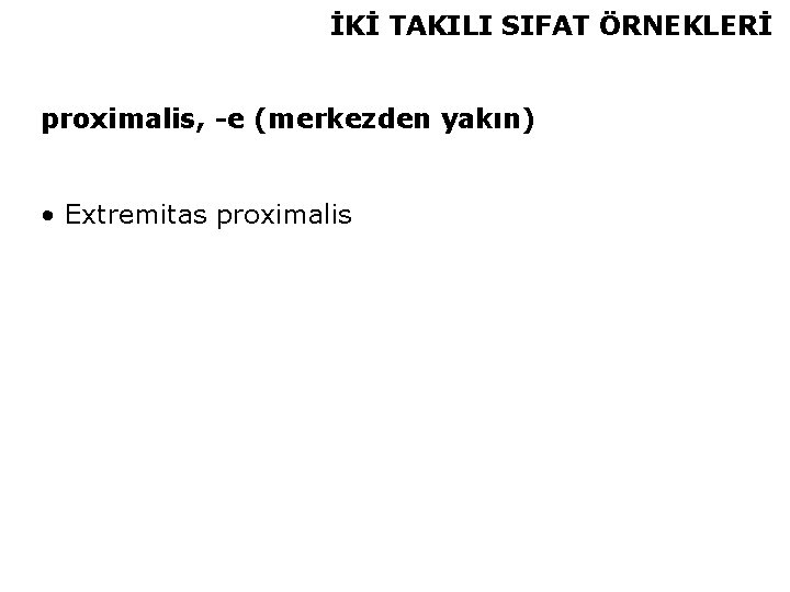 İKİ TAKILI SIFAT ÖRNEKLERİ proximalis, -e (merkezden yakın) • Extremitas proximalis 