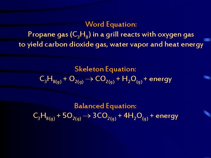 Word Equation: Propane gas (C 3 H 8) in a grill reacts with oxygen