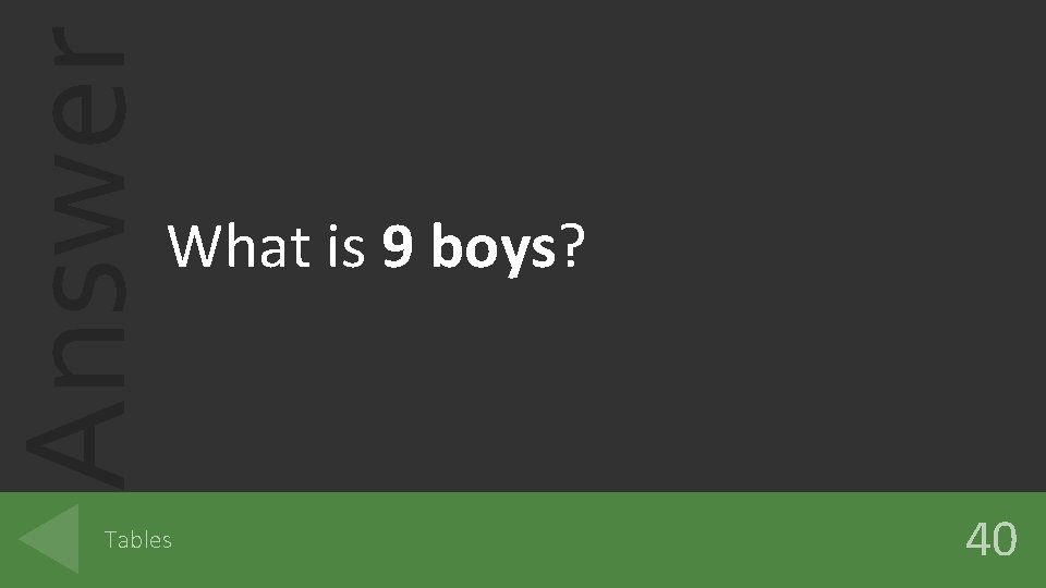 Answer What is 9 boys? Tables 40 