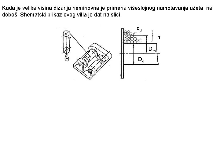 Kada je velika visina dizanja neminovna je primena višeslojnog namotavanja užeta na doboš. Shematski