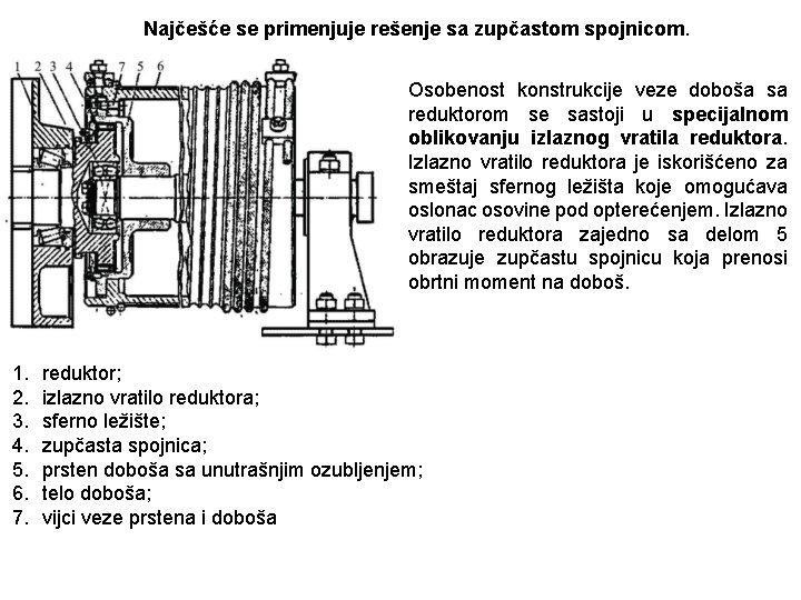 Najčešće se primenjuje rešenje sa zupčastom spojnicom. Osobenost konstrukcije veze doboša sa reduktorom se