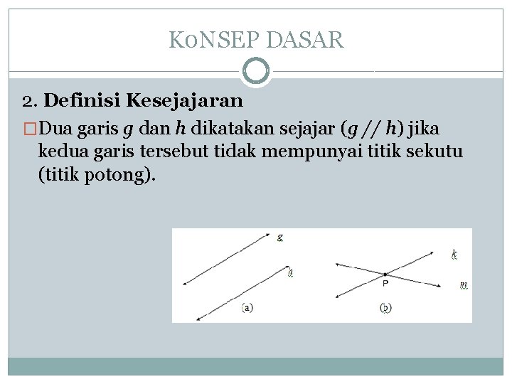 K 0 NSEP DASAR 2. Definisi Kesejajaran �Dua garis g dan h dikatakan sejajar