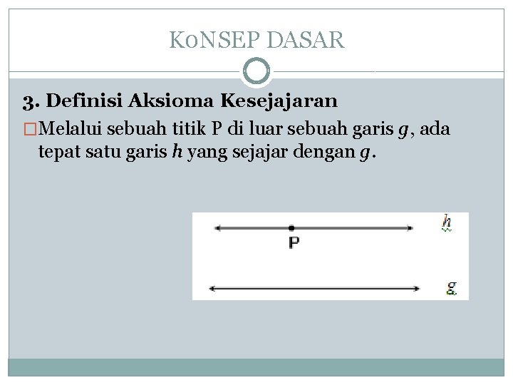 K 0 NSEP DASAR 3. Definisi Aksioma Kesejajaran �Melalui sebuah titik P di luar