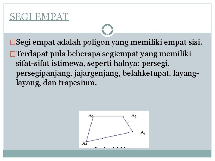 SEGI EMPAT �Segi empat adalah poligon yang memiliki empat sisi. �Terdapat pula beberapa segiempat