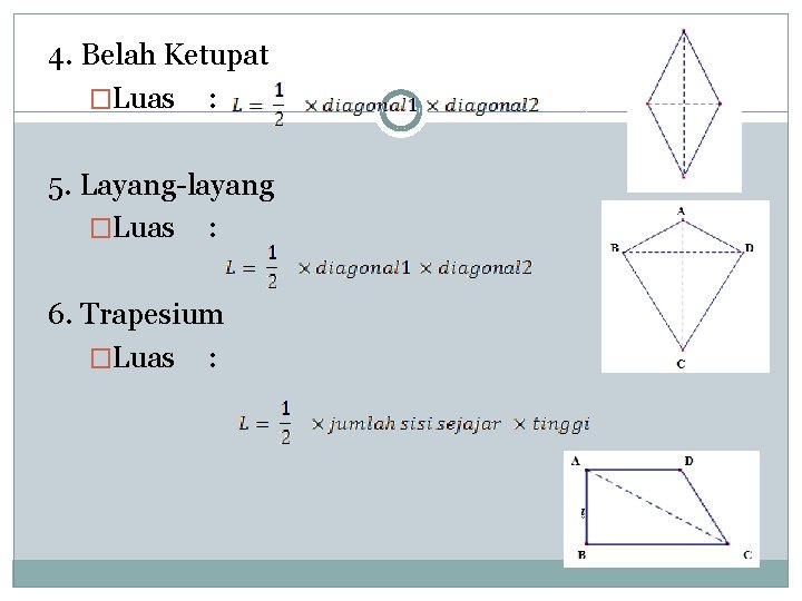 4. Belah Ketupat �Luas : 5. Layang-layang �Luas : 6. Trapesium �Luas : 