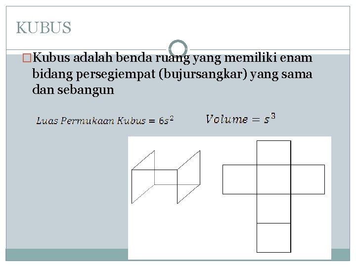 KUBUS �Kubus adalah benda ruang yang memiliki enam bidang persegiempat (bujursangkar) yang sama dan