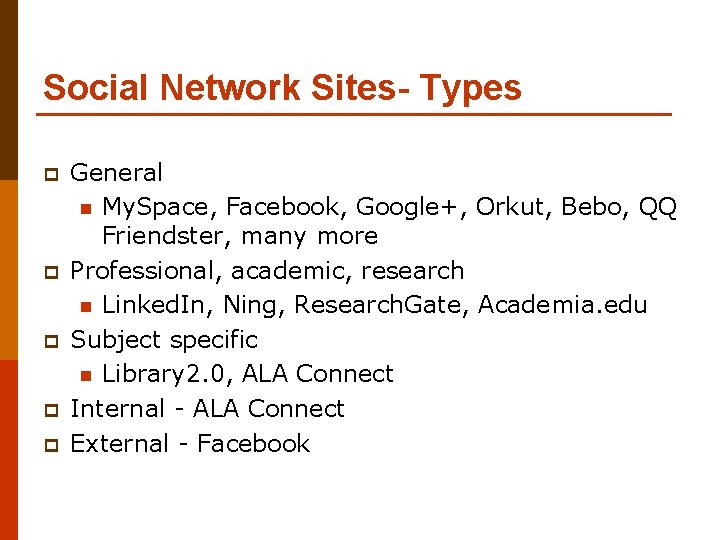 Social Network Sites- Types p p p General n My. Space, Facebook, Google+, Orkut,