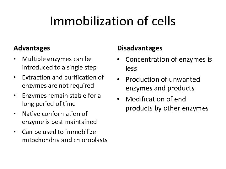 Immobilization of cells Advantages Disadvantages • Multiple enzymes can be introduced to a single