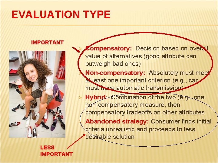 EVALUATION TYPE IMPORTANT Ø Ø LESS IMPORTANT Compensatory: Decision based on overall value of
