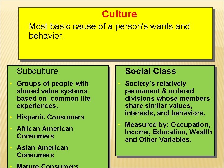  Culture Most basic cause of a person's wants and behavior. Subculture Social Class