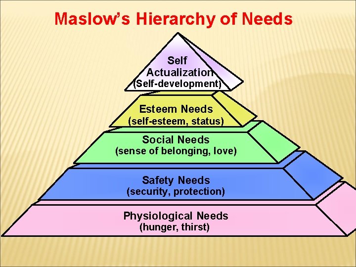 Maslow’s Hierarchy of Needs Self Actualization (Self-development) Esteem Needs (self-esteem, status) Social Needs (sense