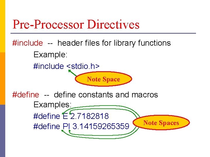 Pre-Processor Directives #include -- header files for library functions Example: #include <stdio. h> Note