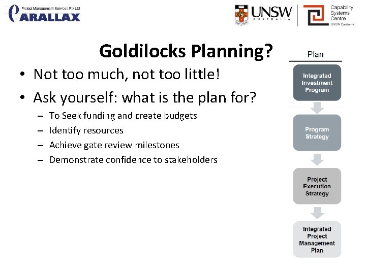 Goldilocks Planning? • Not too much, not too little! • Ask yourself: what is