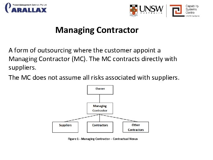 Managing Contractor A form of outsourcing where the customer appoint a Managing Contractor (MC).