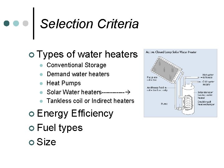 Selection Criteria ¢ Types of water heaters l l l Conventional Storage Demand water