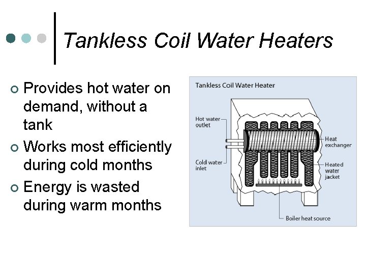 Tankless Coil Water Heaters Provides hot water on demand, without a tank ¢ Works