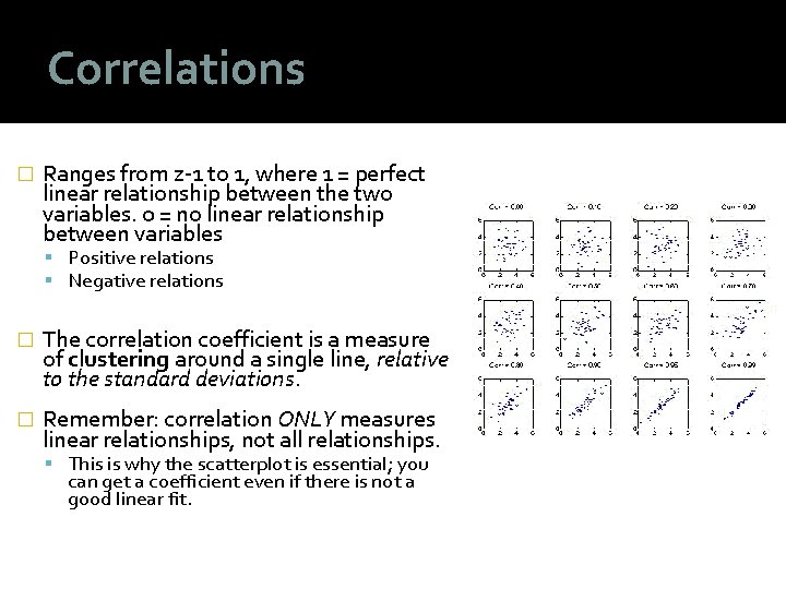 Correlations � Ranges from z-1 to 1, where 1 = perfect linear relationship between