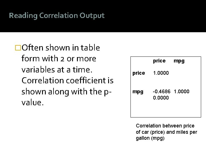 Reading Correlation Output �Often shown in table form with 2 or more variables at