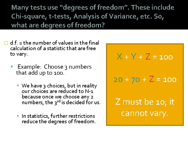 Many tests use “degrees of freedom”. These include Chi-square, t-tests, Analysis of Variance, etc.