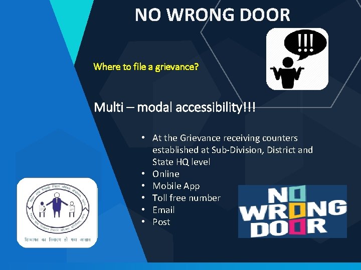 NO WRONG DOOR Where to file a grievance? Multi – modal accessibility!!! • At