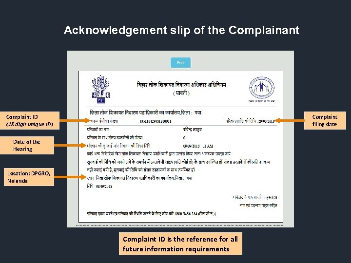 Acknowledgement slip of the Complainant Complaint filing date Complaint ID (18 digit unique ID)