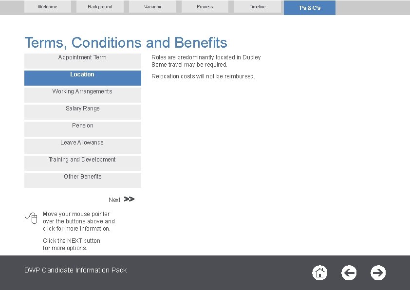 Welcome Background Vacancy Process Timeline Terms, Conditions and Benefits Roles are predominantly located in