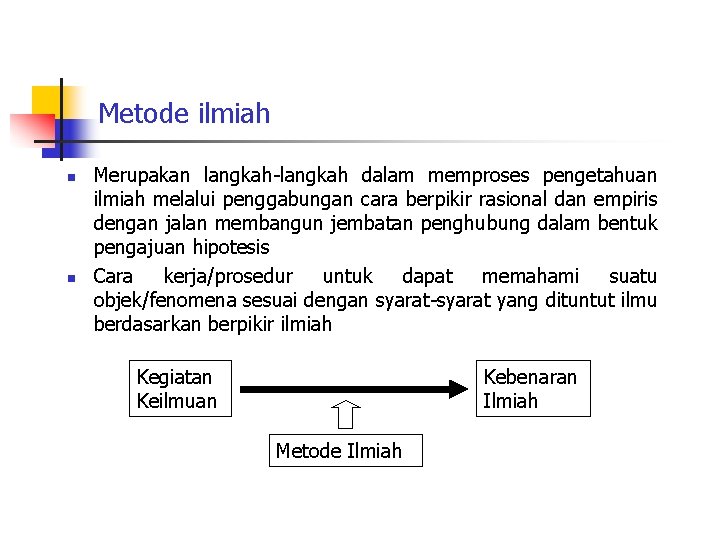 Metode ilmiah n n Merupakan langkah-langkah dalam memproses pengetahuan ilmiah melalui penggabungan cara berpikir Metode ilmiah n n Merupakan langkah-langkah dalam memproses pengetahuan ilmiah melalui penggabungan cara berpikir