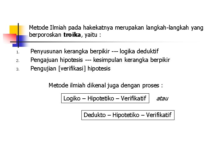 Metode Ilmiah pada hakekatnya merupakan langkah-langkah yang berporoskan troika, yaitu : 1. 2. 3.