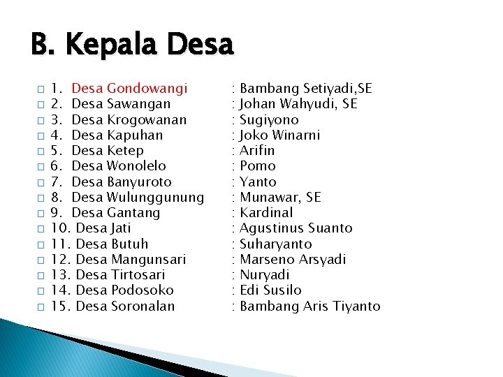 B. Kepala Desa � � � � 1. Desa Gondowangi 2. Desa Sawangan 3.