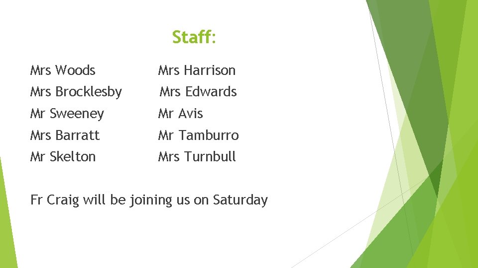 Staff: Mrs Woods Mrs Harrison Mrs Brocklesby Mrs Edwards Mr Sweeney Mr Avis Mrs