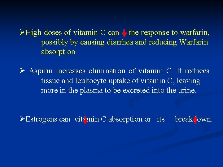 ØHigh doses of vitamin C can the response to warfarin, possibly by causing diarrhea