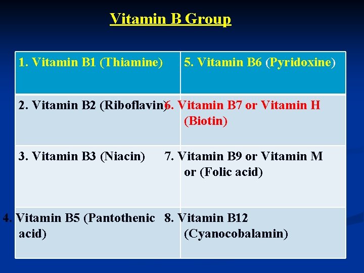 Vitamin B Group 1. Vitamin B 1 (Thiamine) 5. Vitamin B 6 (Pyridoxine) 2.