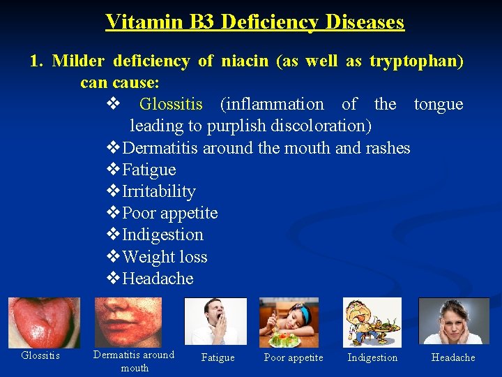 Vitamin B 3 Deficiency Diseases 1. Milder deficiency of niacin (as well as tryptophan)