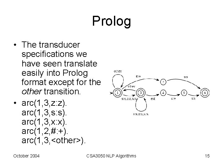 Prolog • The transducer specifications we have seen translate easily into Prolog format except