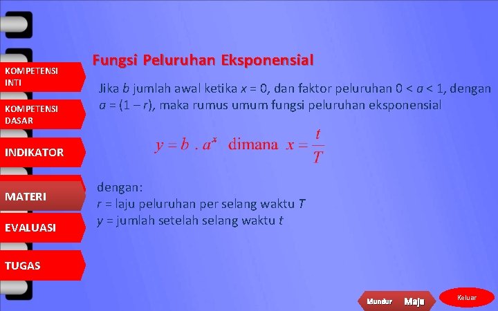 KOMPETENSI INTI KOMPETENSI DASAR Fungsi Peluruhan Eksponensial Jika b jumlah awal ketika x =