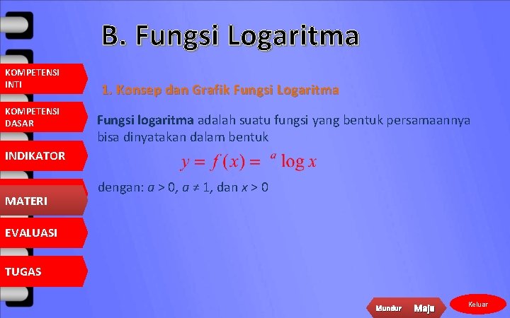 B. Fungsi Logaritma KOMPETENSI INTI KOMPETENSI DASAR 1. Konsep dan Grafik Fungsi Logaritma Fungsi