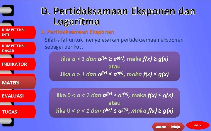 KOMPETENSI INTI KOMPETENSI DASAR INDIKATOR MATERI EVALUASI TUGAS D. Pertidaksamaan Eksponen dan Logaritma 1.