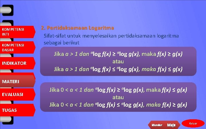 KOMPETENSI INTI KOMPETENSI DASAR INDIKATOR 2. Pertidaksamaan Logaritma Sifat-sifat untuk menyelesaikan pertidaksamaan logaritma sebagai